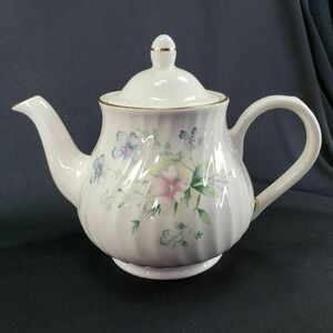 Arthur Wood Staffordshire Teapot Pink Blue Flowers Floral Swirl Gold Trim Vintag